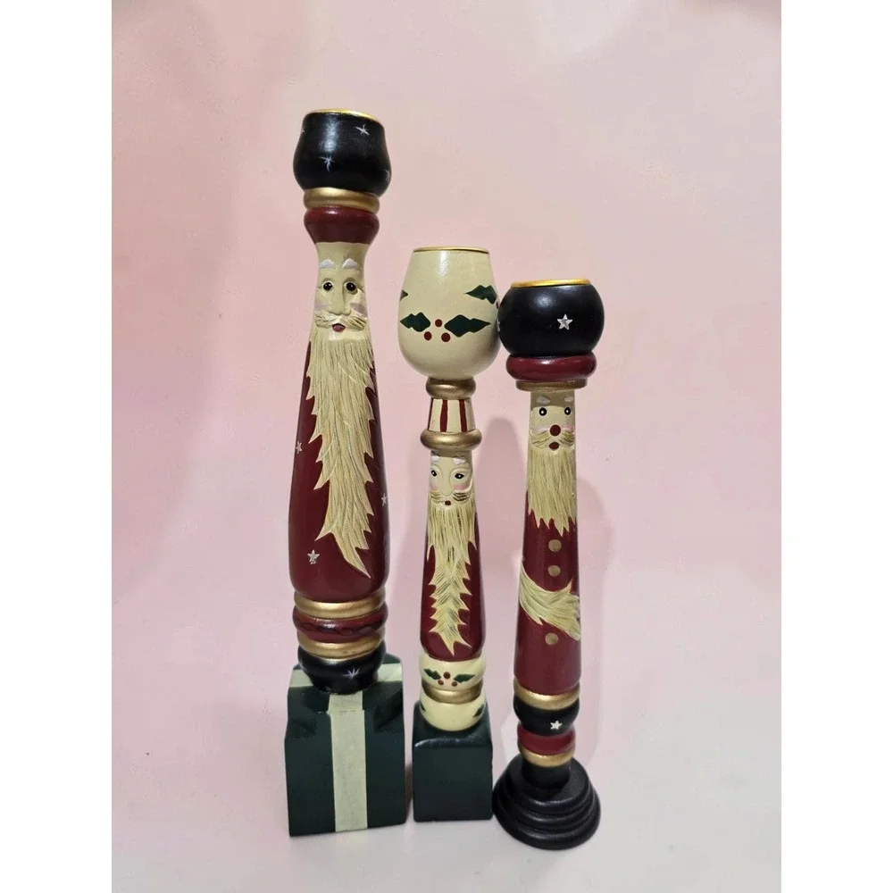 Set of 3 HOUSE OF LLOYD Christmas Around The World Wooden Candlestick Holders
